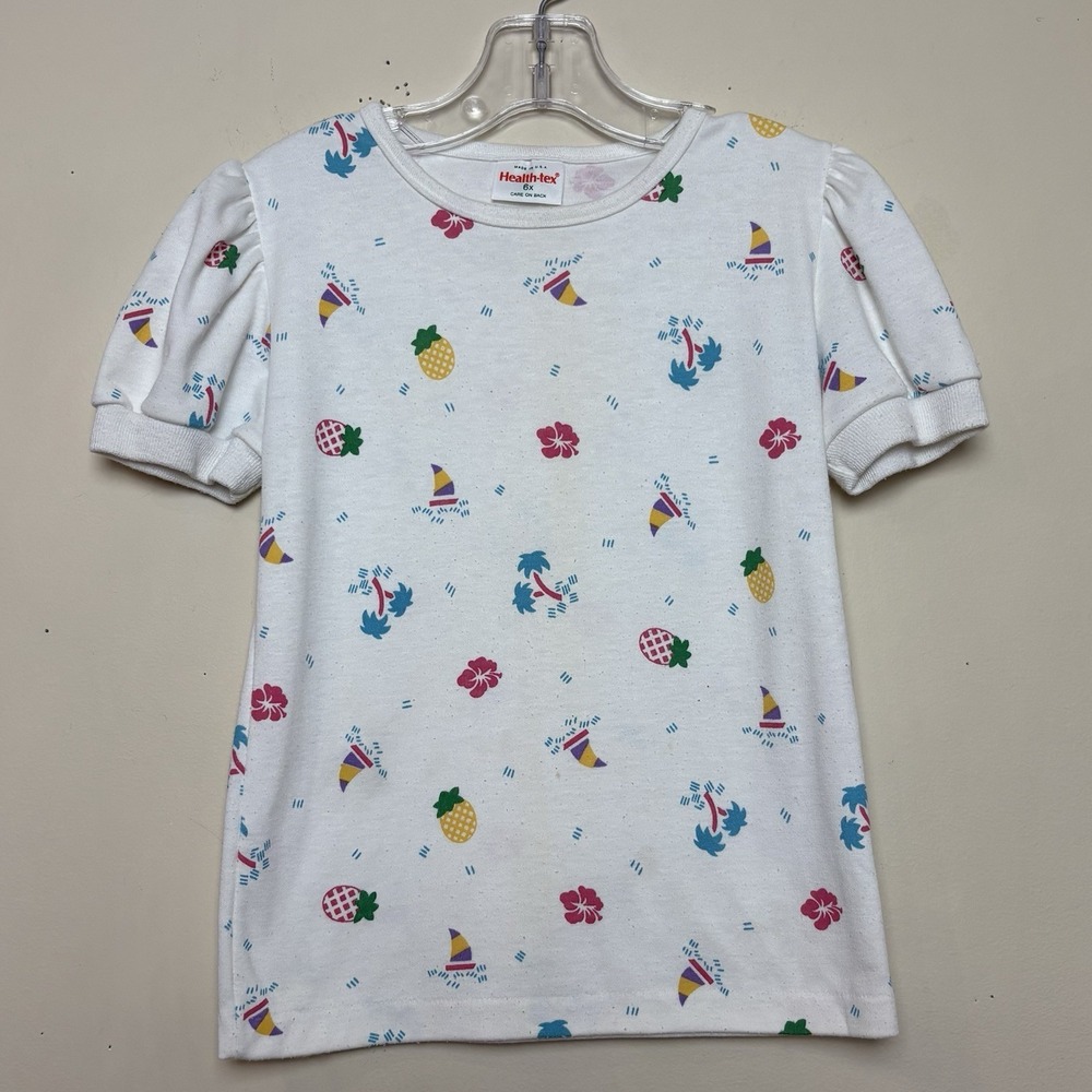 VTG Healthtex Shirt Girls Size 6 White Pineapples Tropical Hibiscus Boat Puff